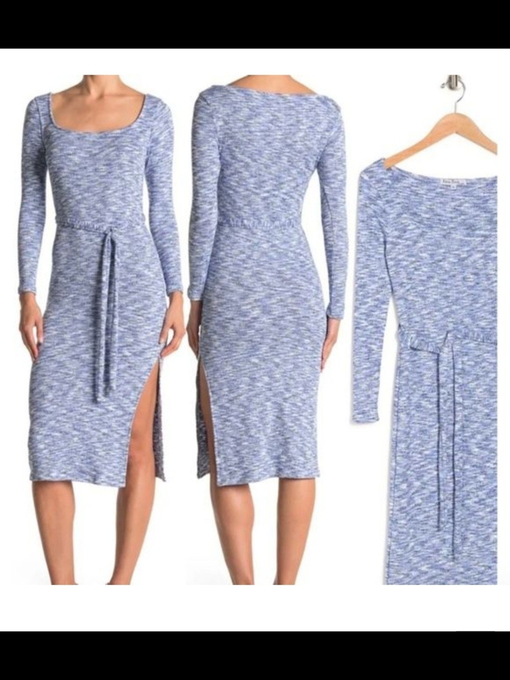 Scoop Neck Long Sleeve Side-Slit Midi Dress in Space Dye Blue.